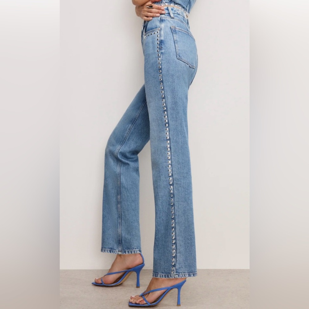🌟RARE🌟Good American GOOD ICON STUDDED STRAIGHT JEANS | INDIGO895 | 6 | NWT - Picture 4 of 11